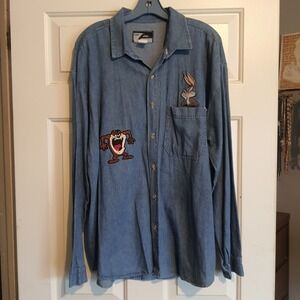 TOP LINE USA Denim Long Sleeve Shirt Bugs Bunny Tazmanian Devil Embroidered XL